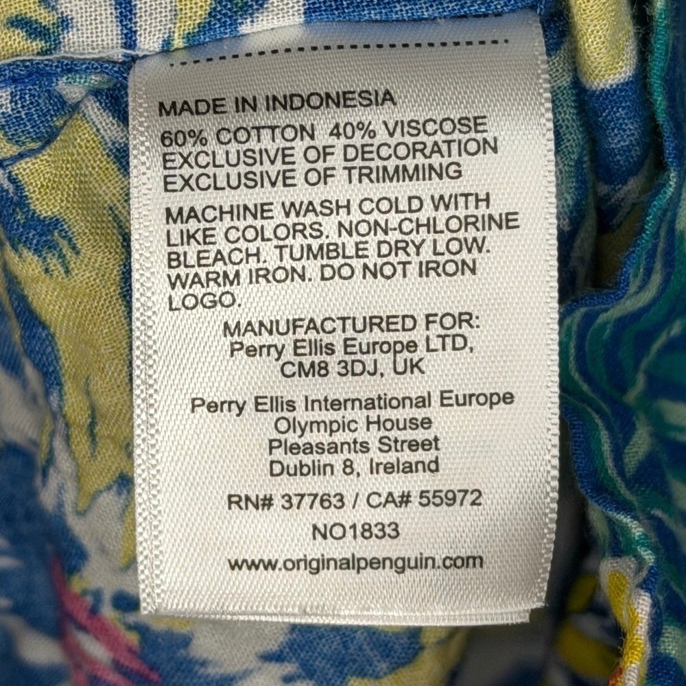 Original Penguin Button Down Mens Large Blue Floral Tropical Hibiscus Shirt - Picture 7 of 7